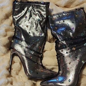 Elegant Silver Stiletto Boots with Multicolor Accents